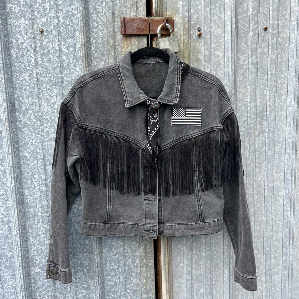 Vintage-Inspired Black Denim Fringe Jacket – Size S
